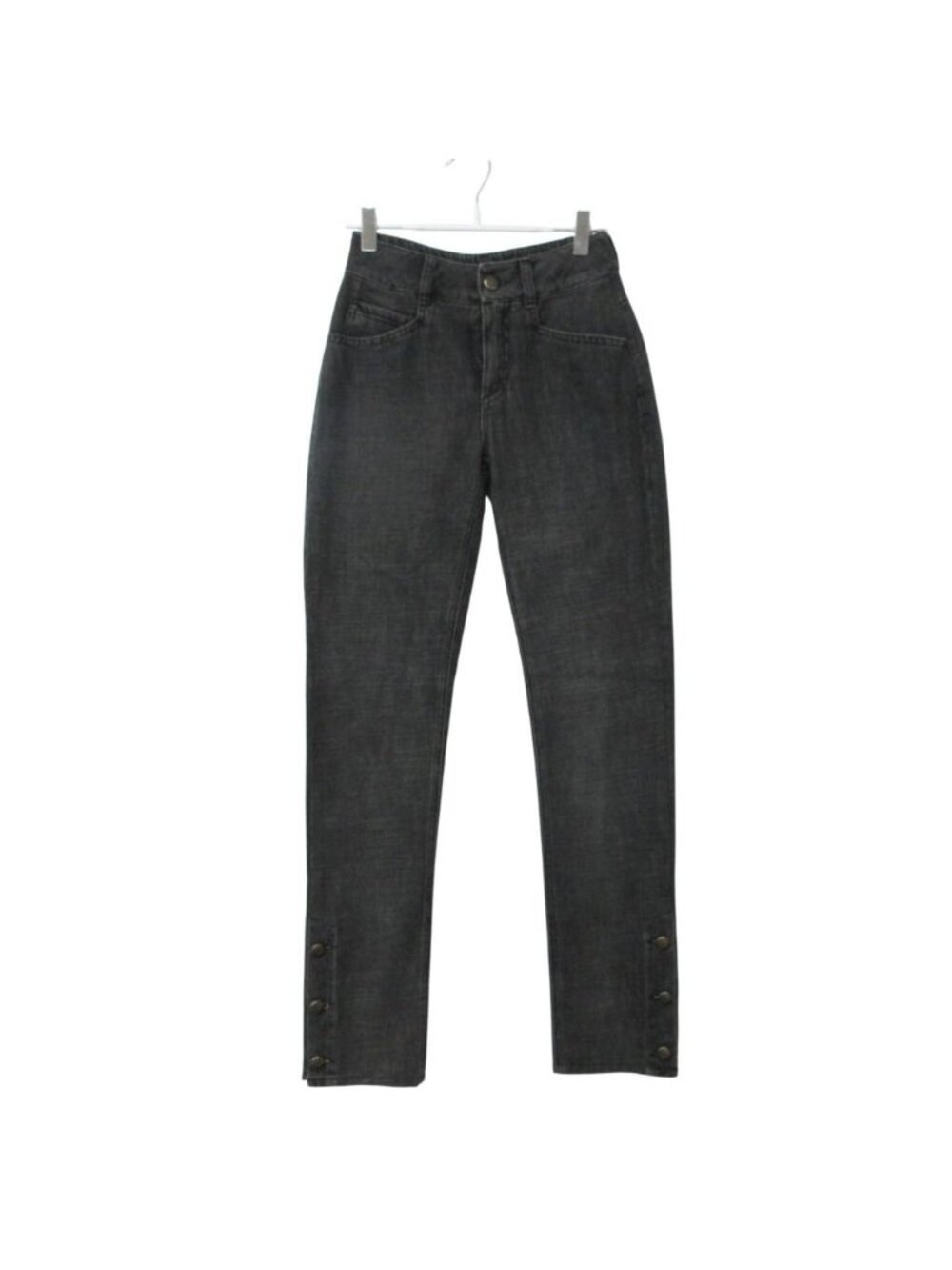 Chanel Denim Pants Slim Jeans CC Logo Hem Button Black